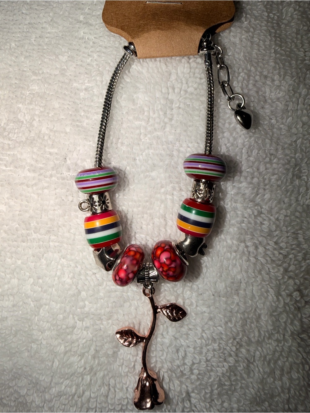 Colorful Striped Bead Bracelet with Rose Charm